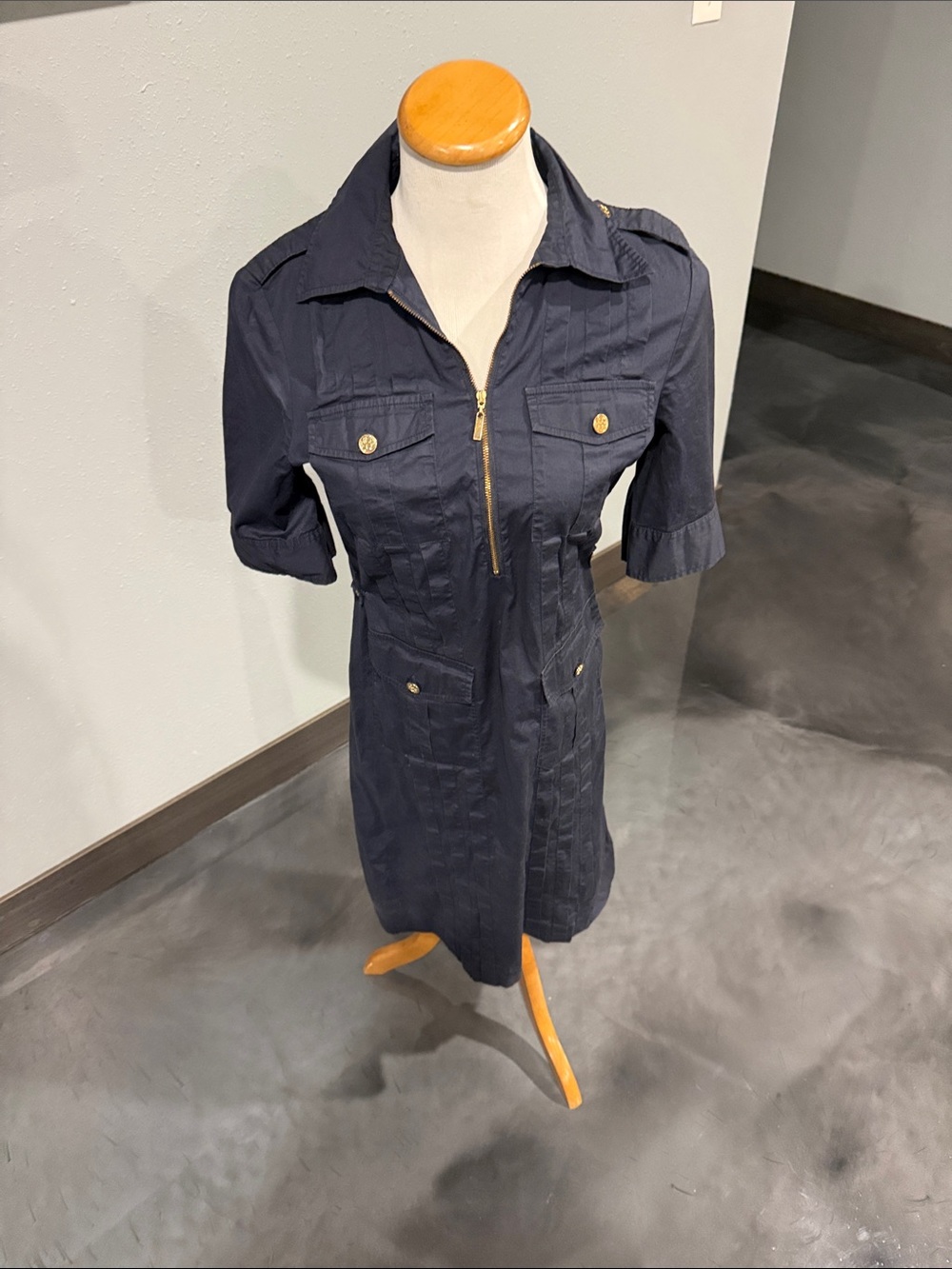 Tory Burch Navy Short-Sleeve Zip Front Utility Jacket Dress